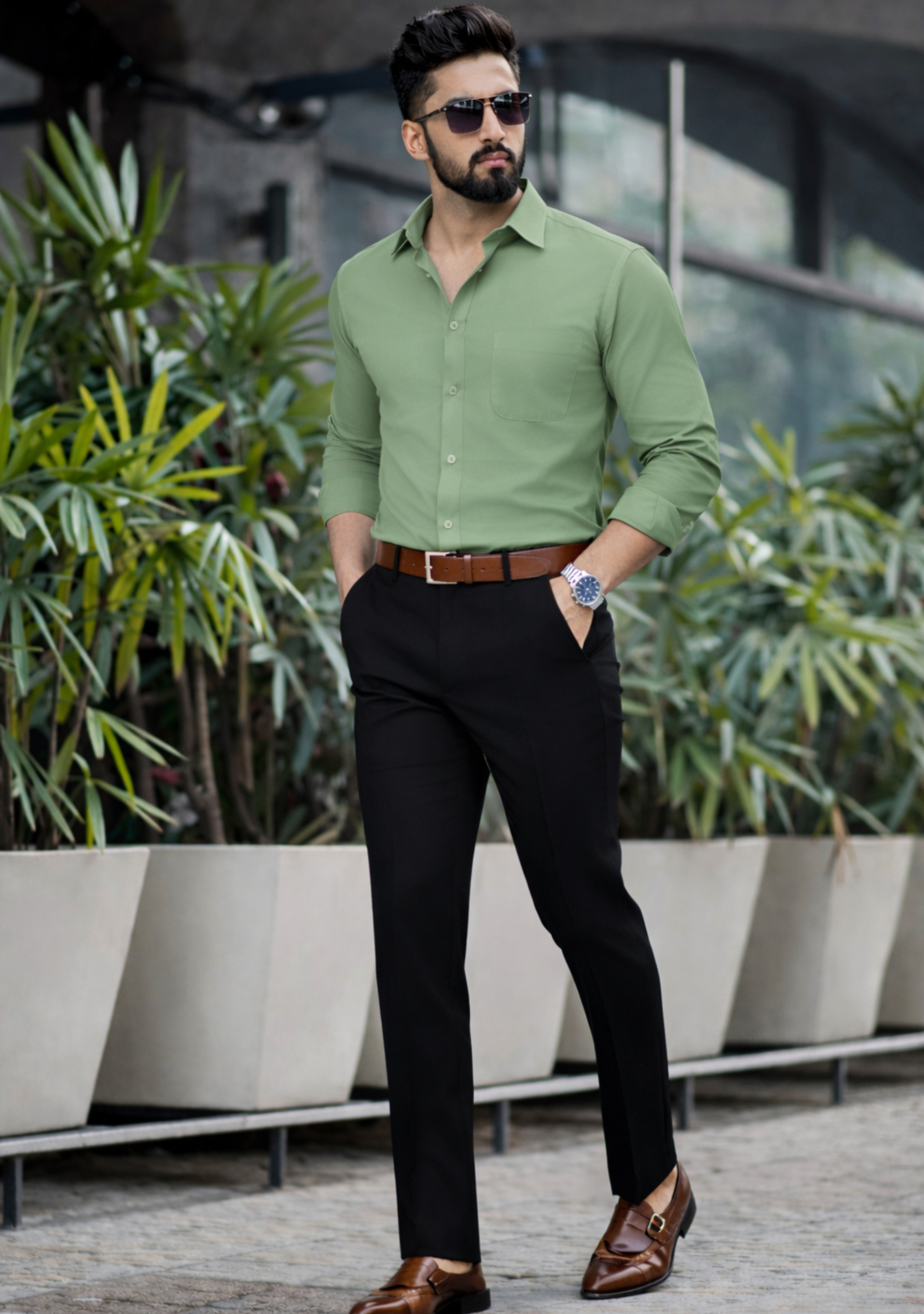 The Signature Combo – Green Shirt + Jet Black Pant