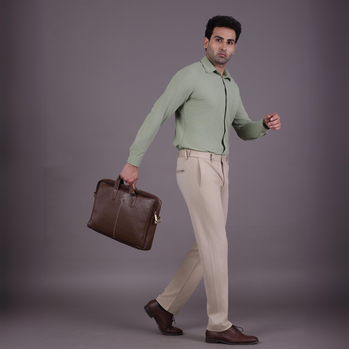 Laurel Green Full Sleeve Versatile Shirt with UltraEase 4way Stretch Deep Beige Pants