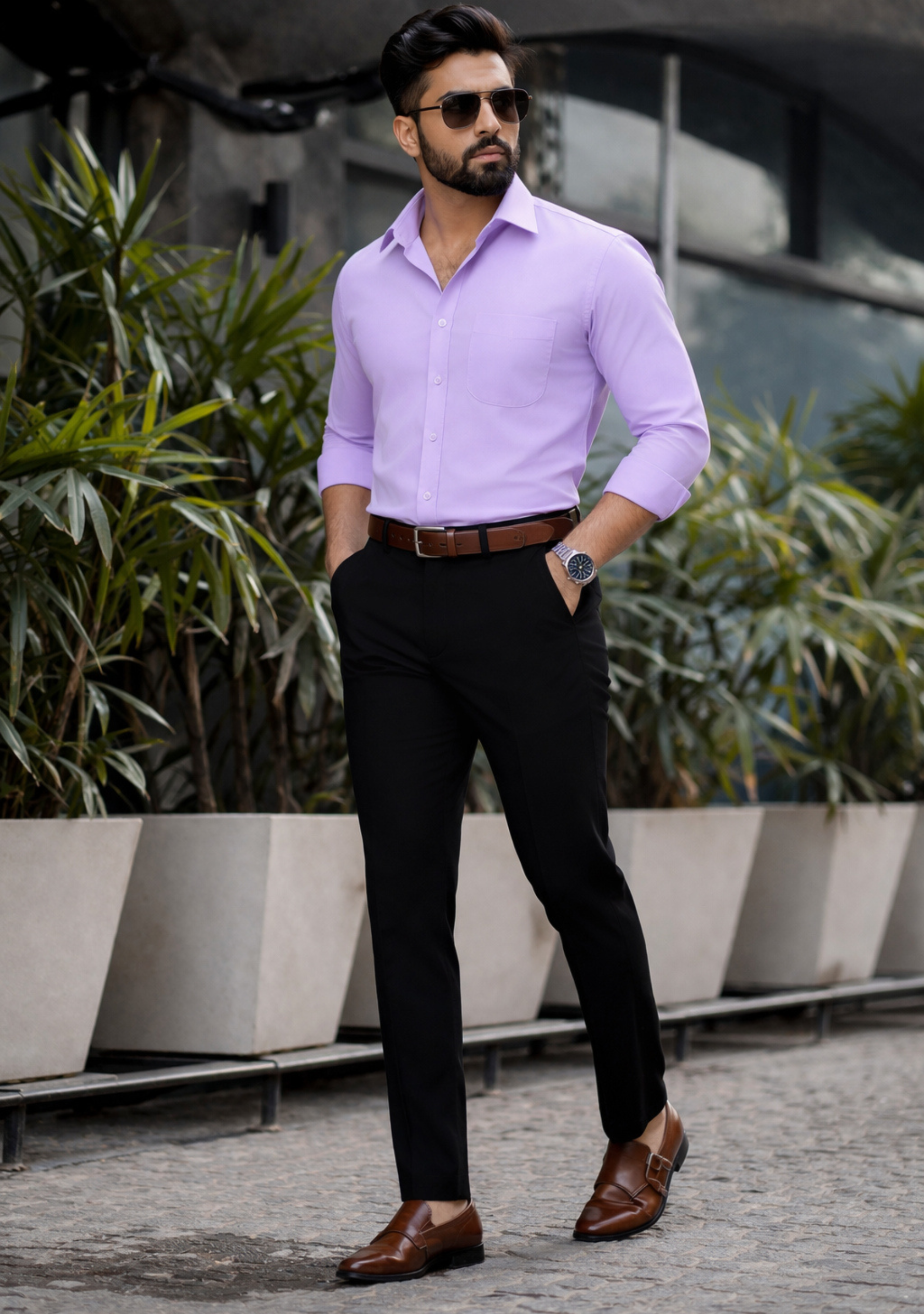 purple dress shirt with black pants Dark Purple Printed Sheen Chiffon Classic Shirt