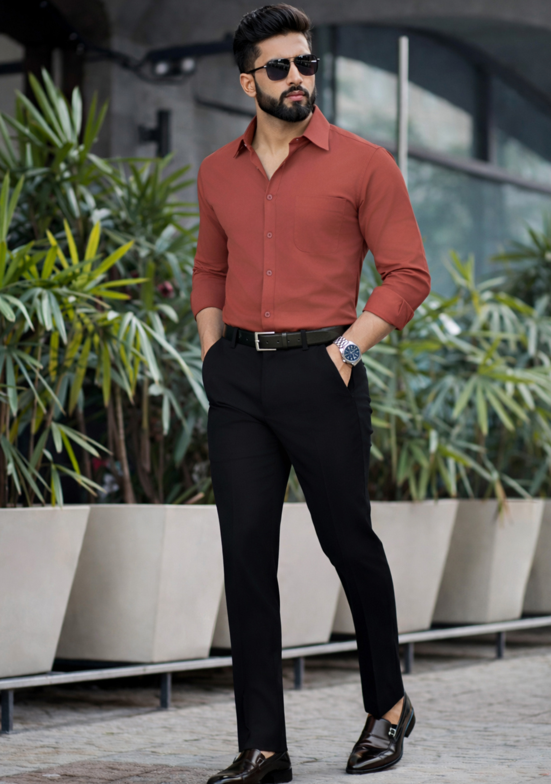 The Signature Combo – Rust Shirt + Black Pant