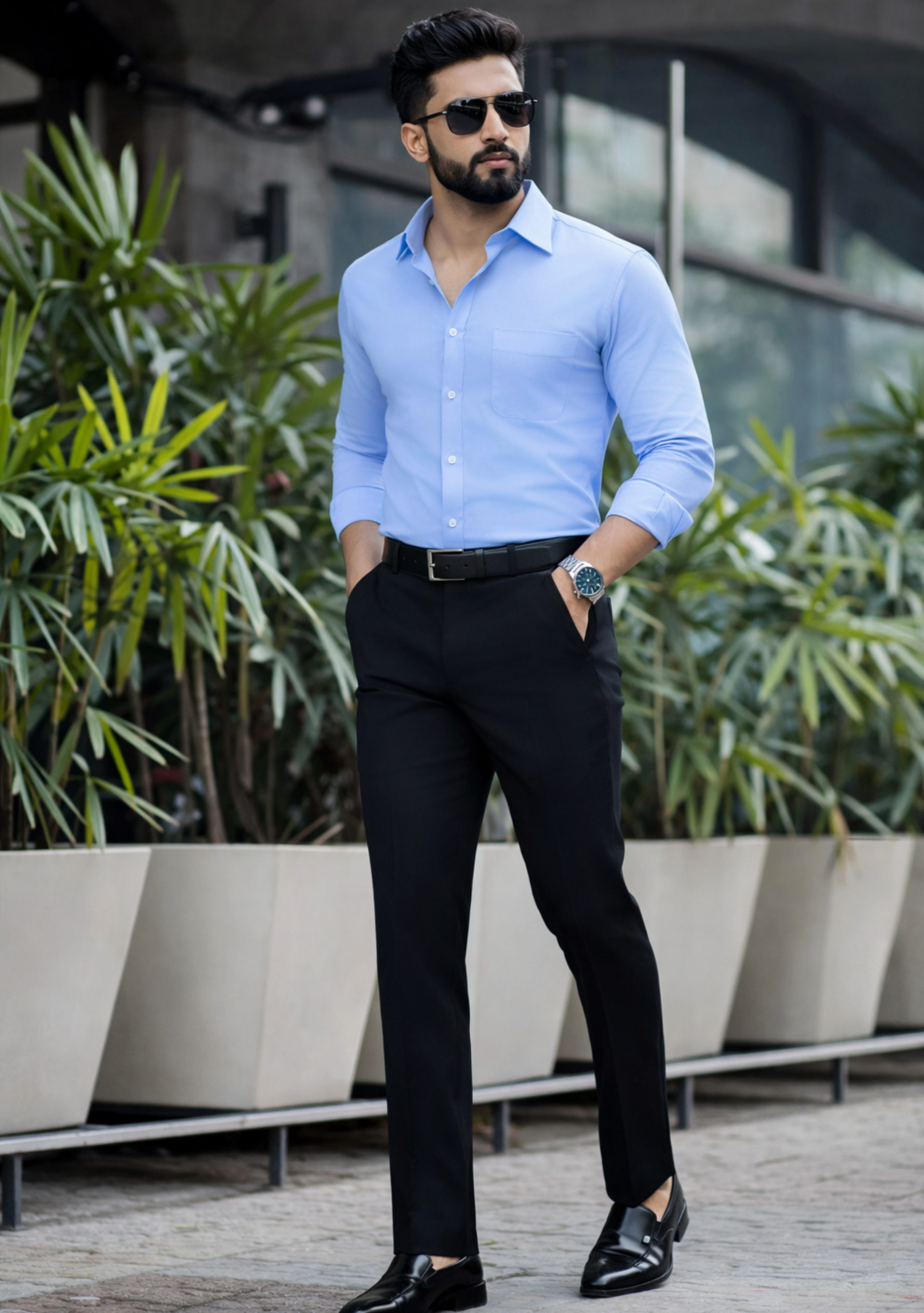 The Signature Combo – Steel Blue Shirt + Black Pant