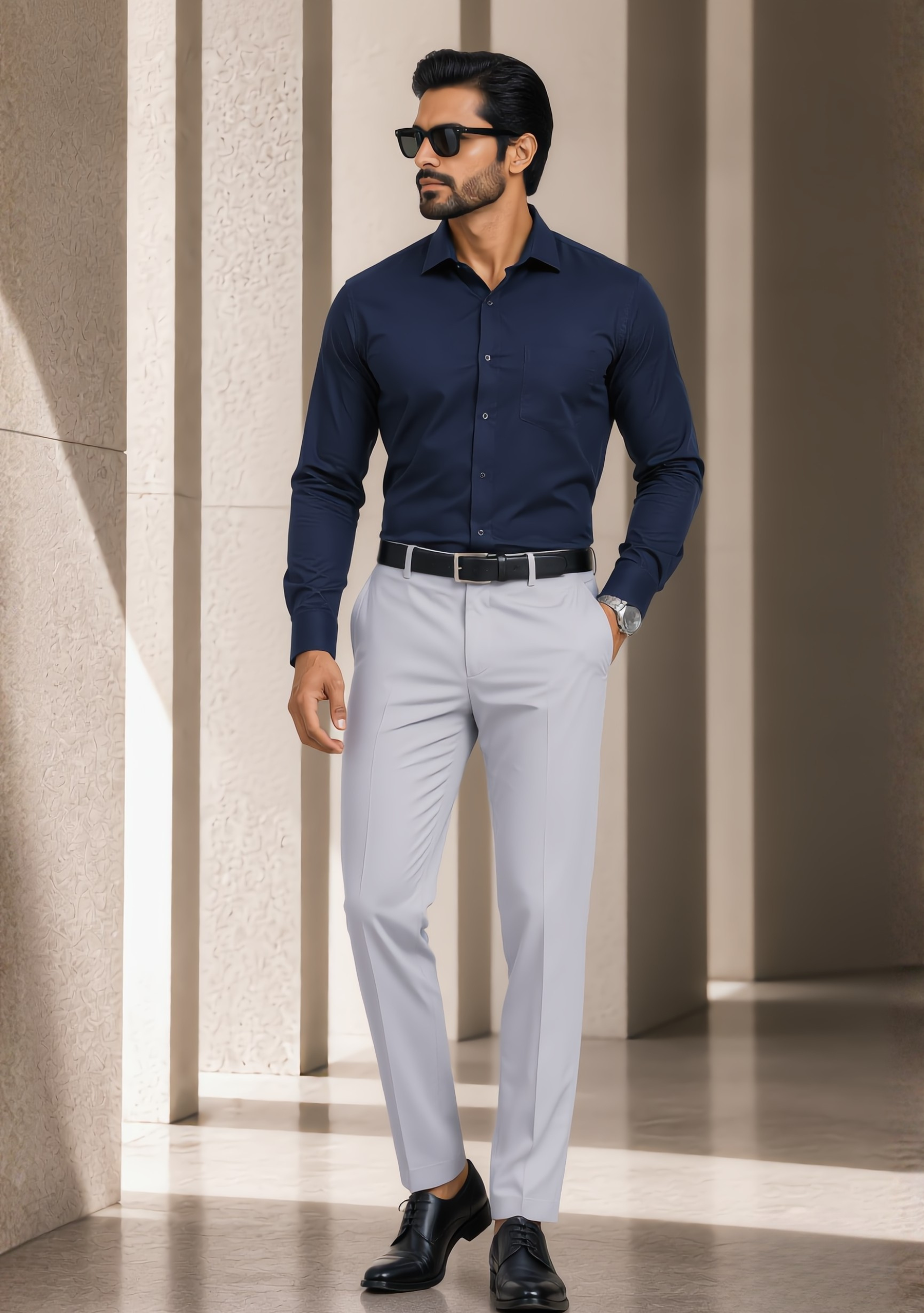 The Signature Combo – Navy Blue Shirt + Light Grey Pant
