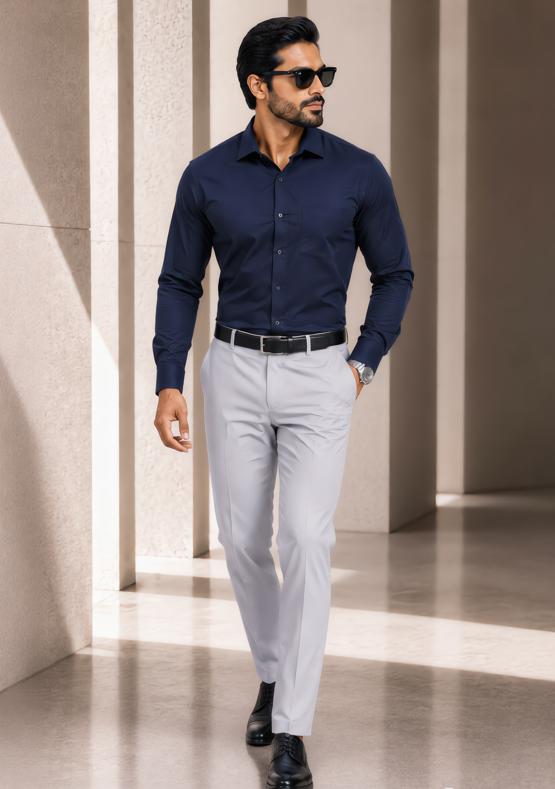 The Signature Combo – Navy Blue Shirt + Light Grey Pant