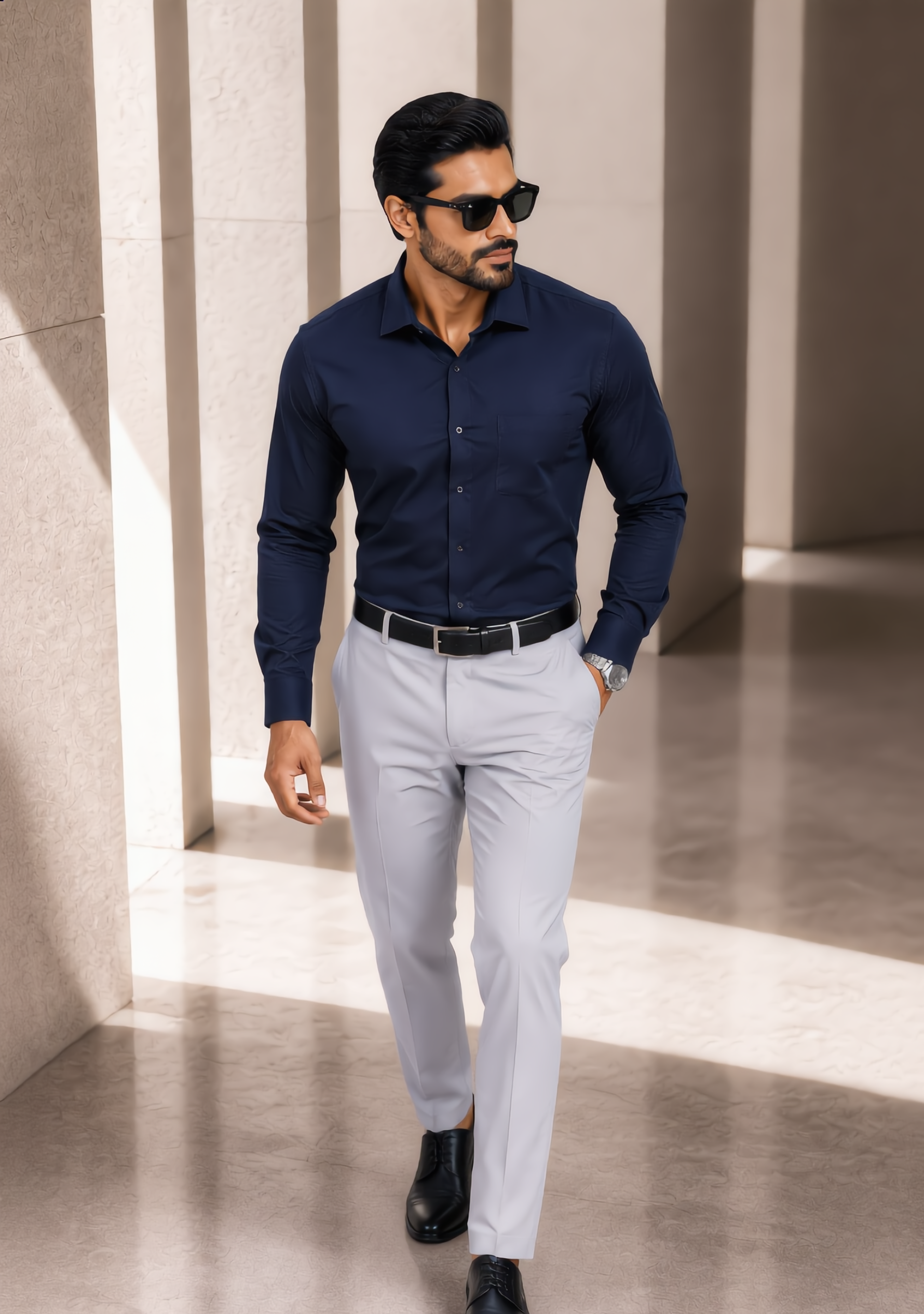 The Signature Combo – Navy Blue Shirt + Light Grey Pant