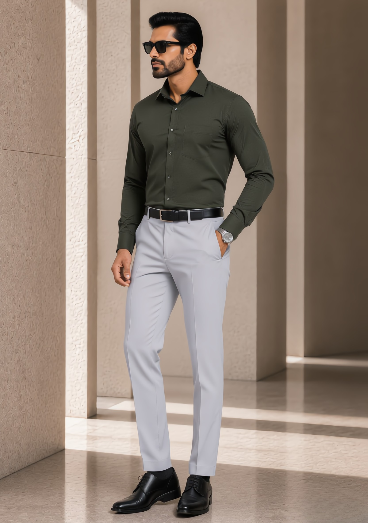Olive Green Shirt Light Grey Pant Combination for Men