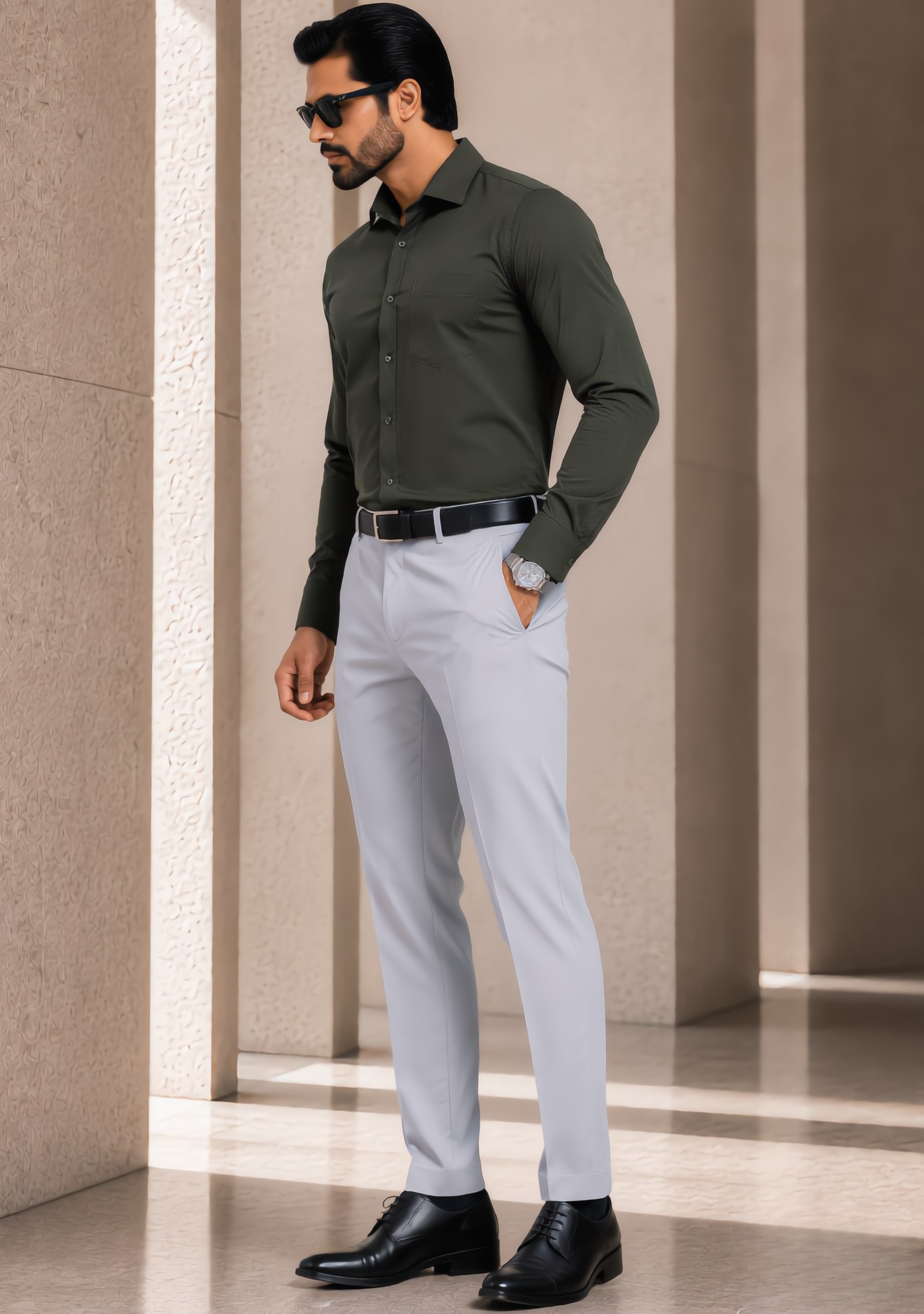 The Signature Combo – Olive Green Shirt + Light Grey Pant