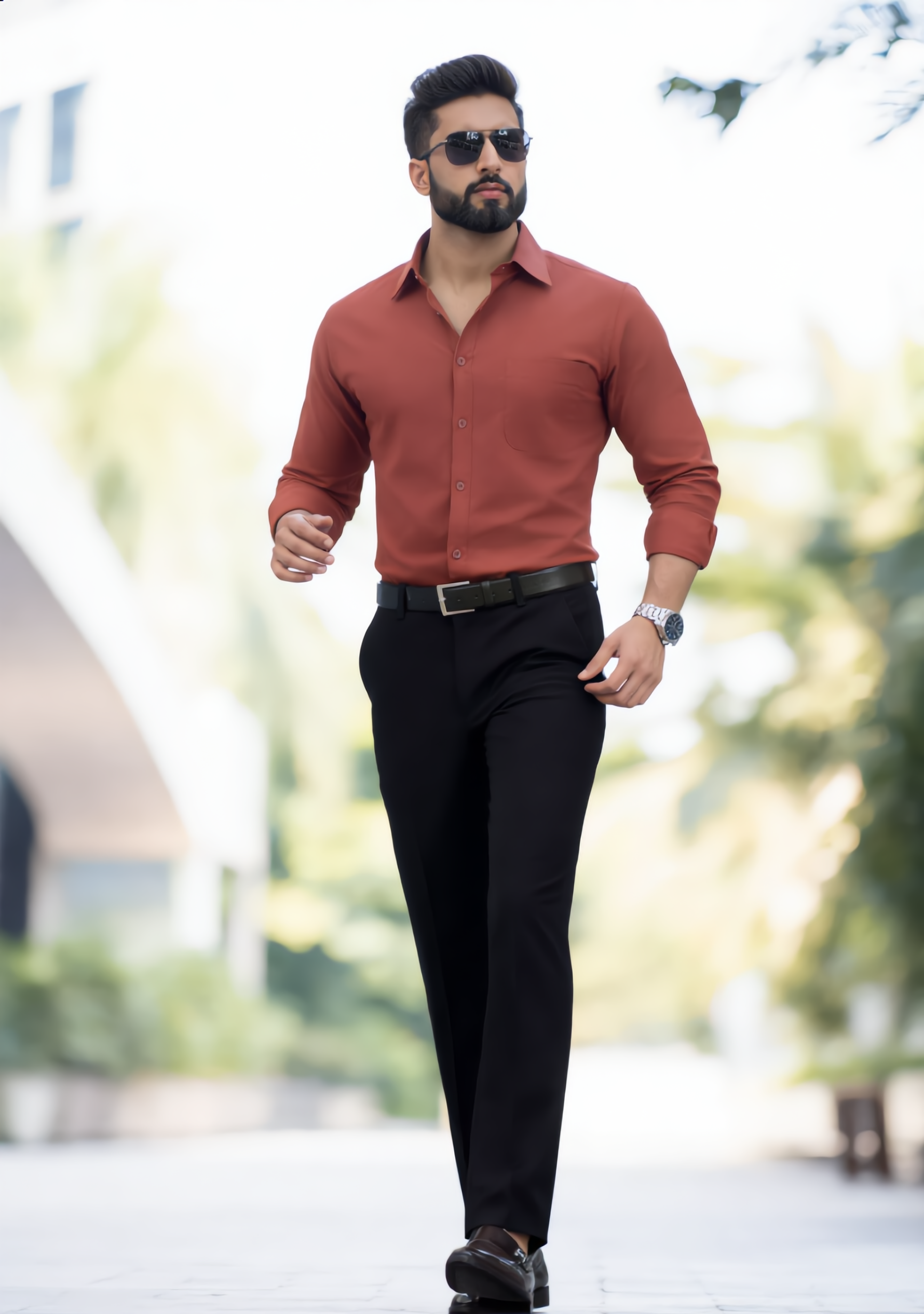 The Signature Combo – Rust Shirt + Black Pant