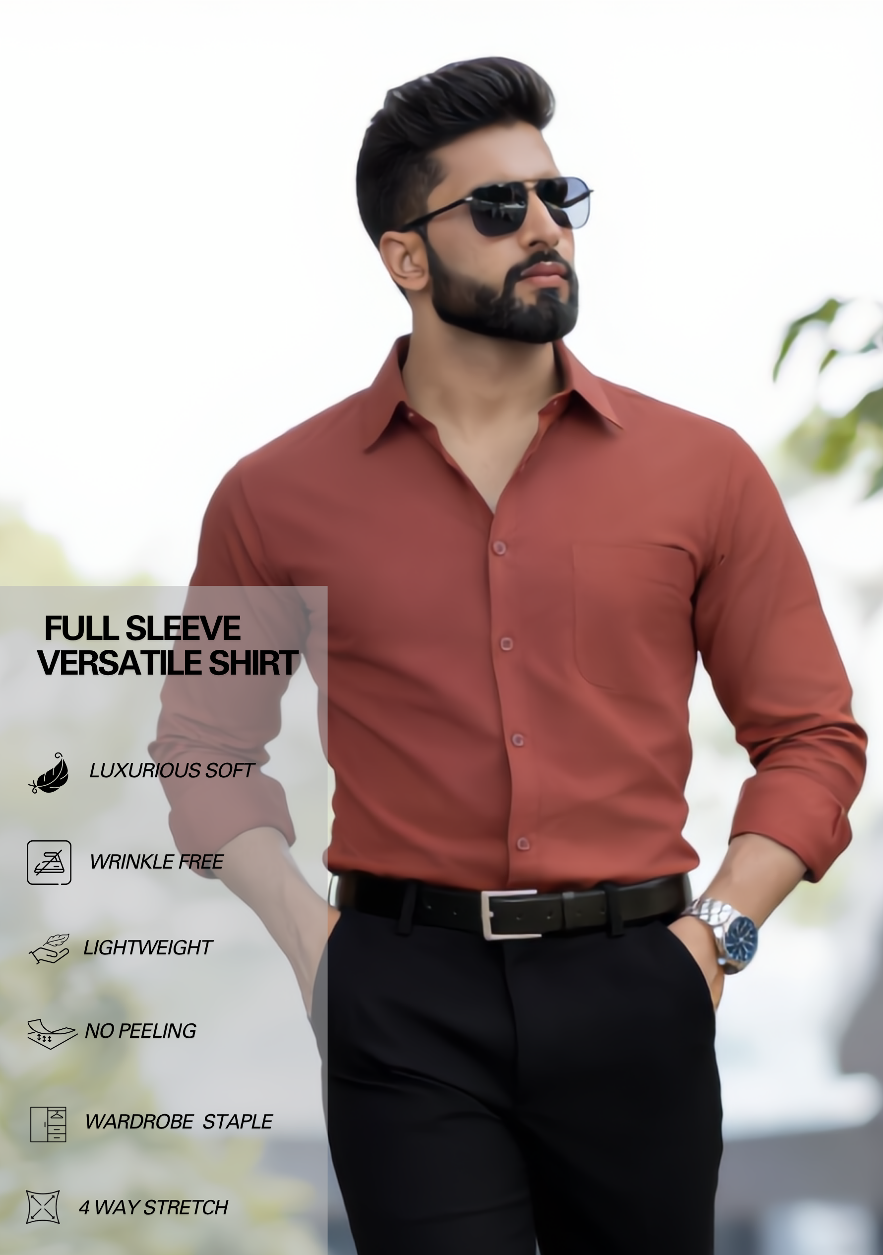 The Signature Combo – Rust Shirt + Black Pant