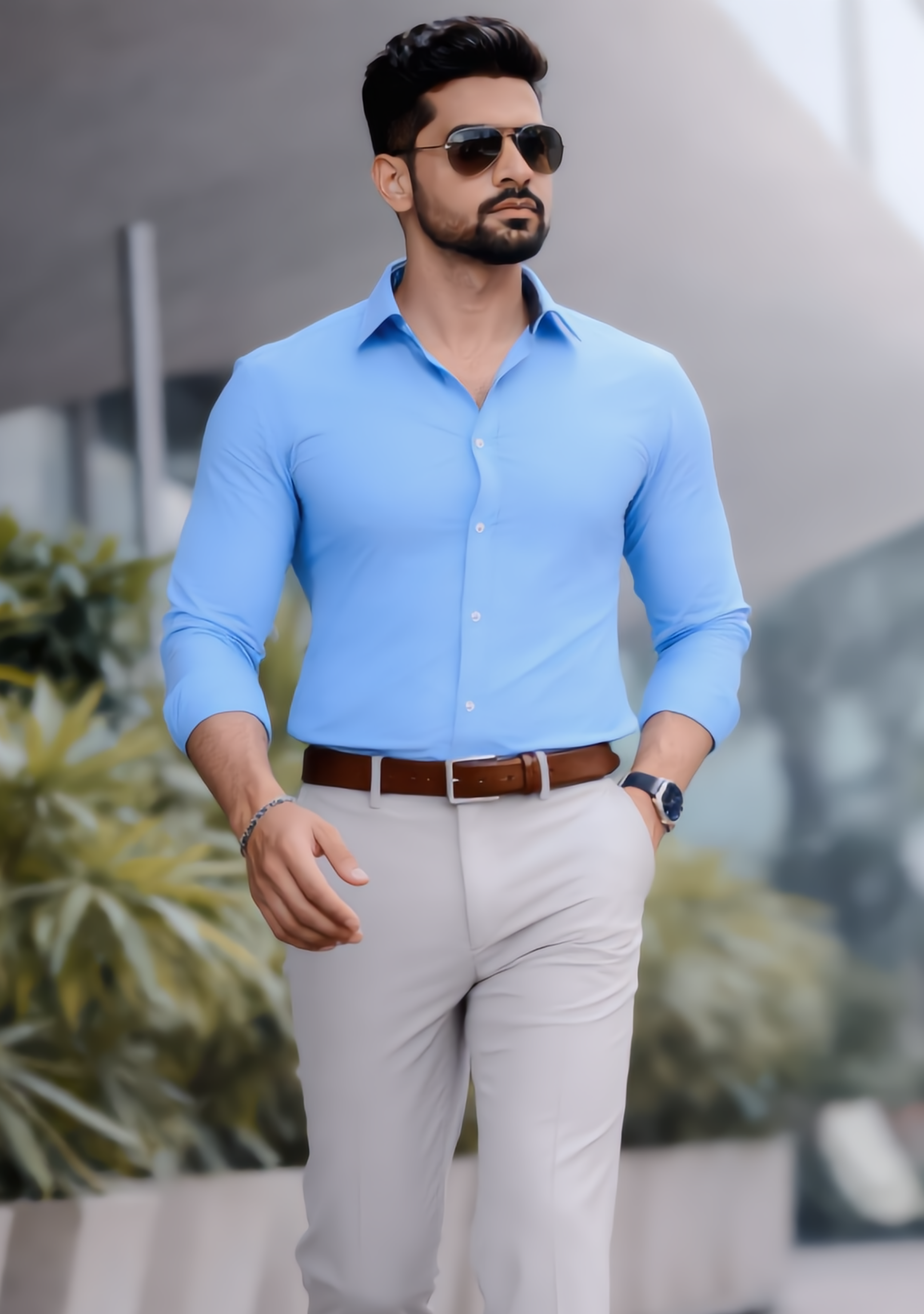 The Signature Combo – Sky Blue Shirt + Light Grey Pant