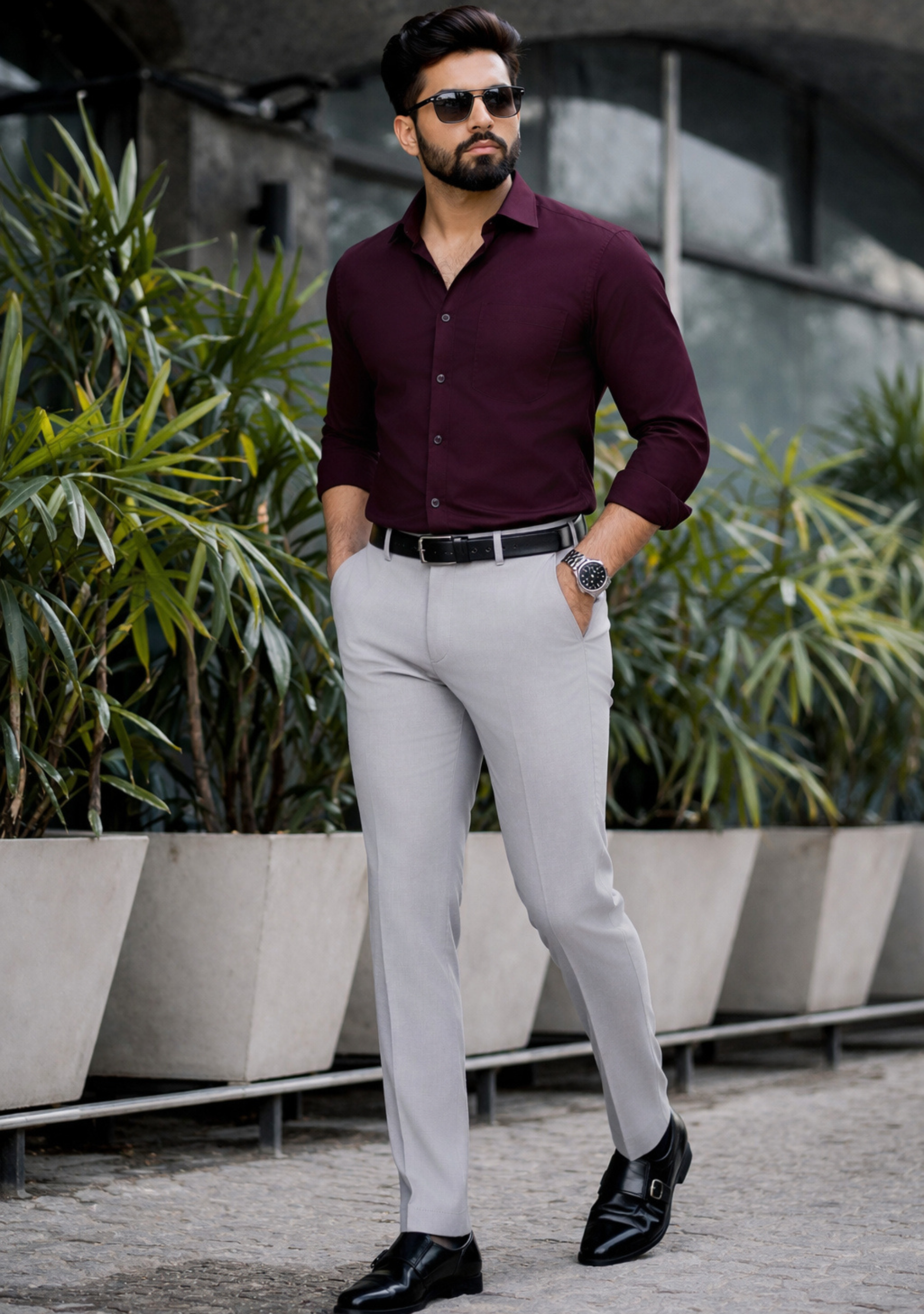 The Signature Combo – Wine Shirt + Light Grey Pant