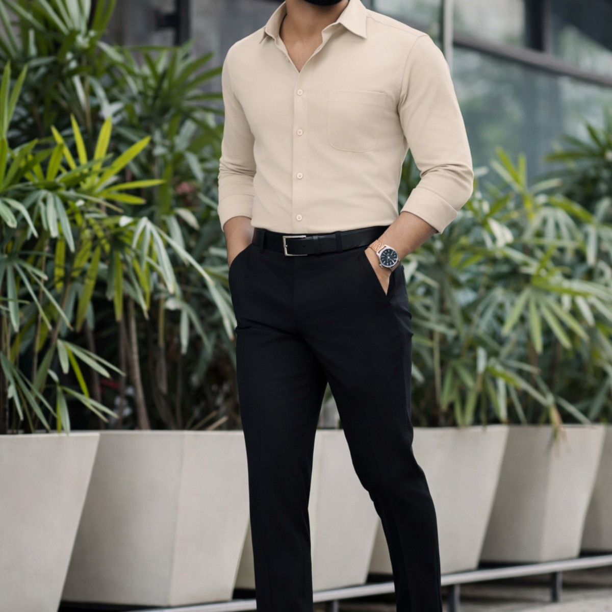 black dress shirt with beige pants pant + = 3 completely different guys , College. Office. Date night. Same 2 pieces, different energy., Save this before your next plan , Follow :- @the_vishal.edits for more, ., resistant finish for a consistently polished look * Designed for effortless styling Black Suit coat, black dress