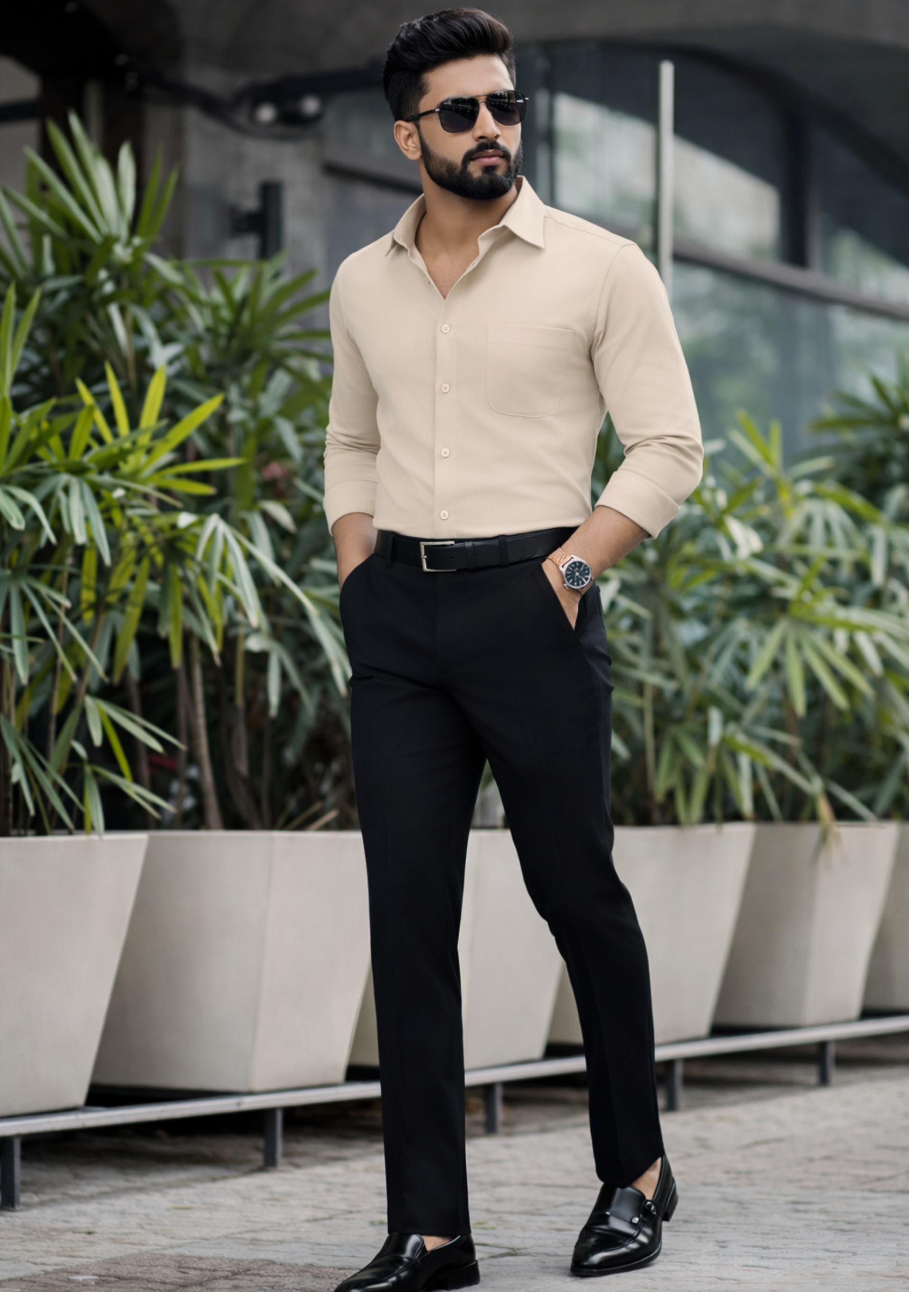 The Signature Combo – Beige Shirt + Black Pant