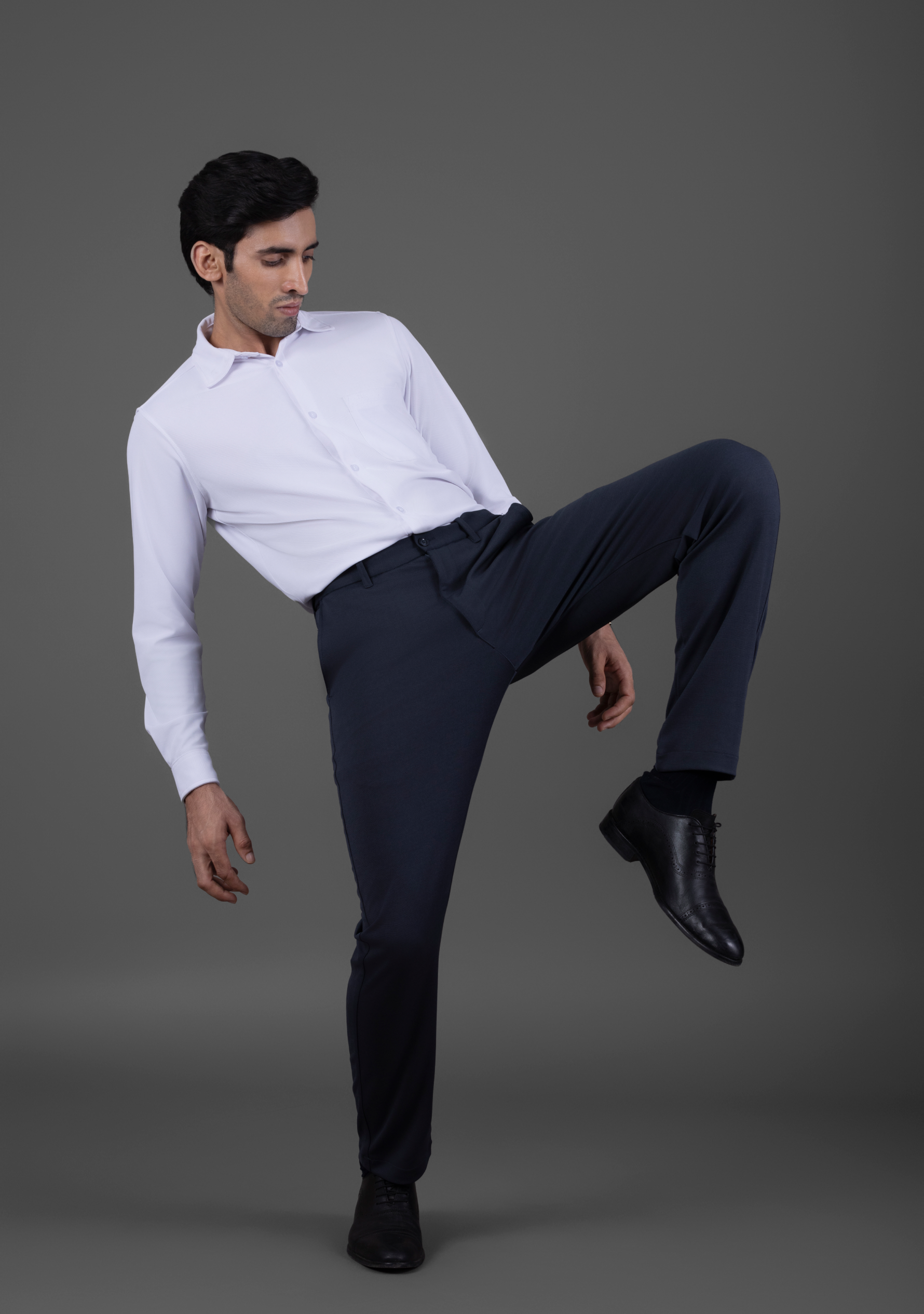 Crisp White Full Sleeve Versatile Shirt with UltraEase 4way Stretch Stone Blue Pants