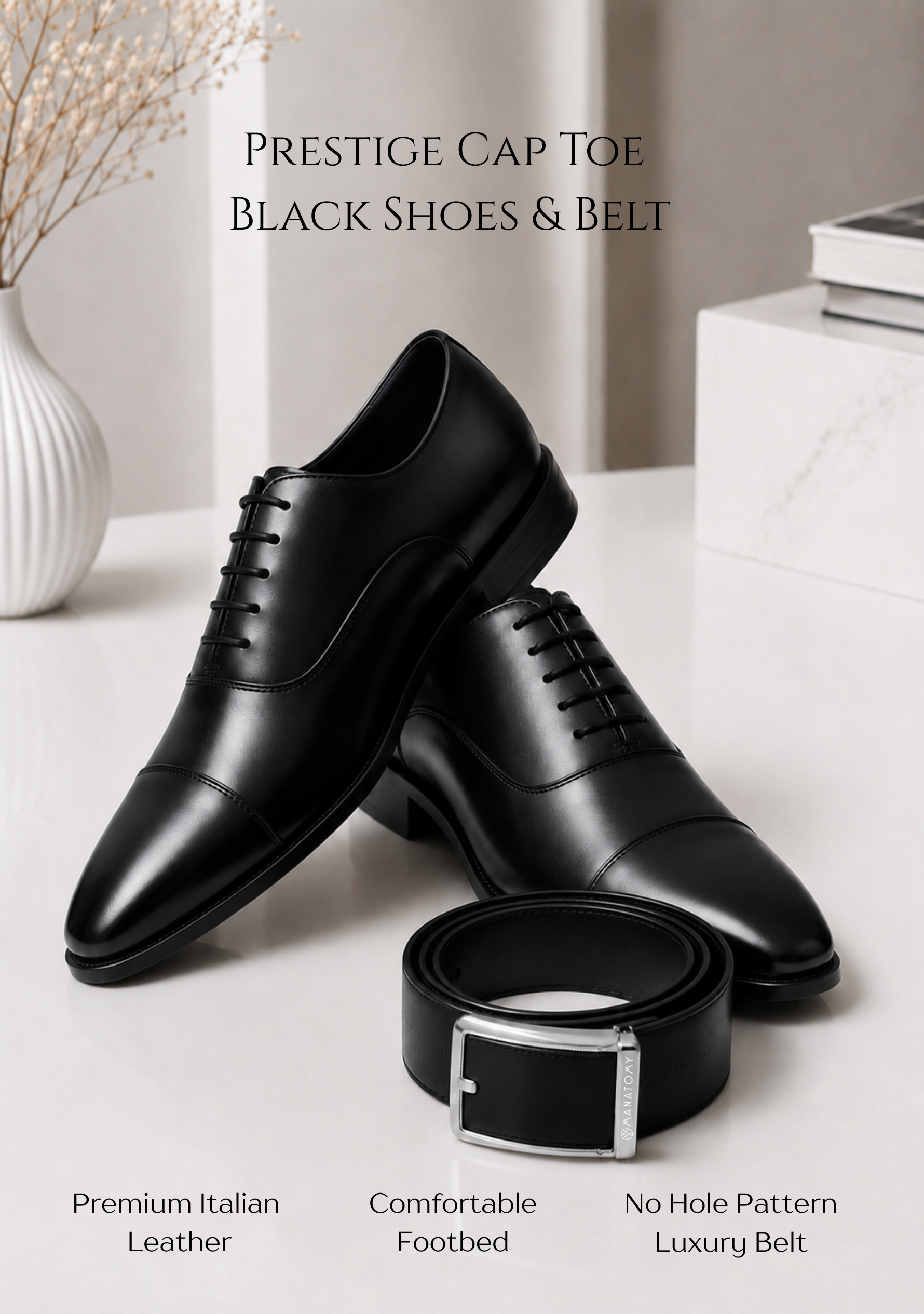 Prestige Cap Toe Combo Black Shoes & Belt