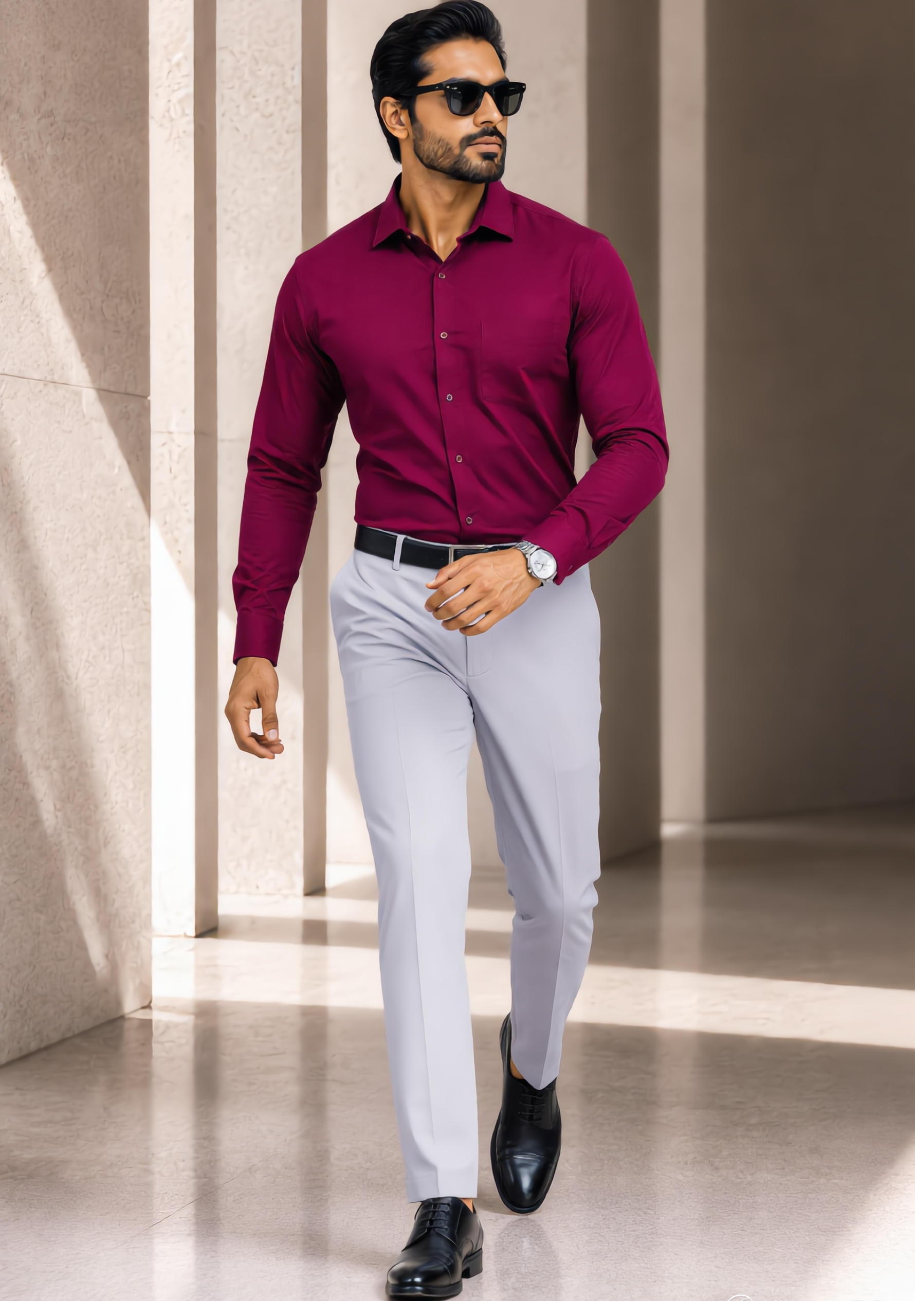 The Signature Combo – Maroon Shirt + Light Grey Pant