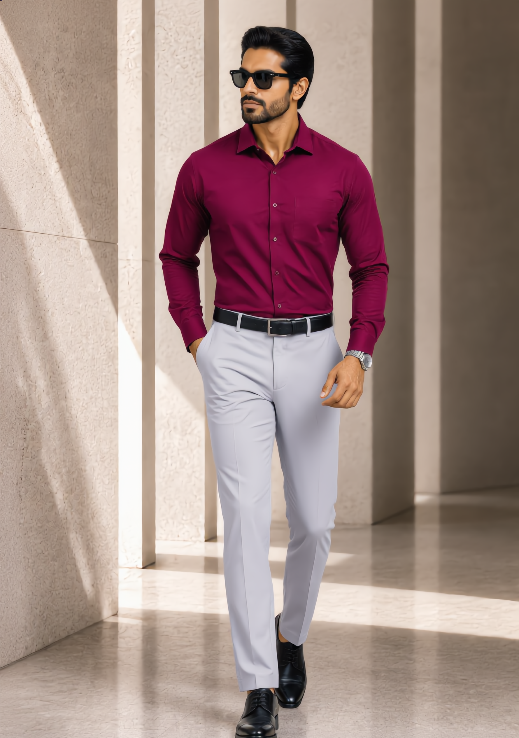 The Signature Combo – Maroon Shirt + Light Grey Pant
