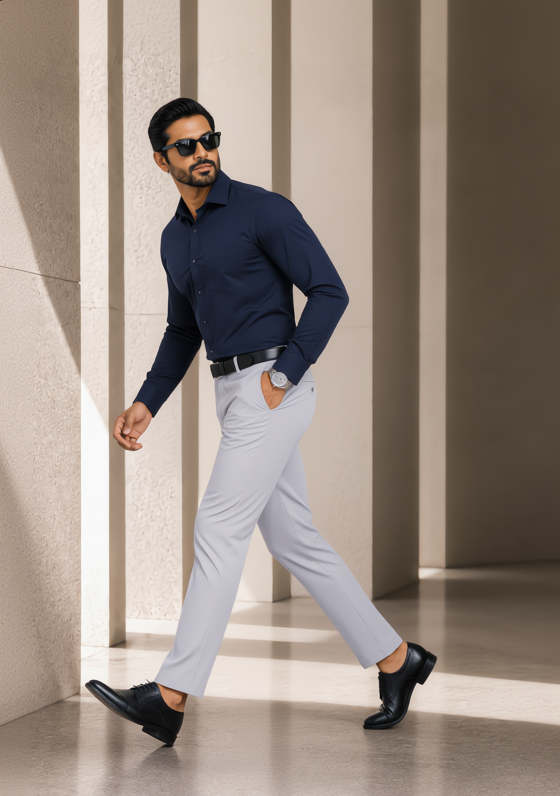 The Signature Combo – Navy Blue Shirt + Light Grey Pant