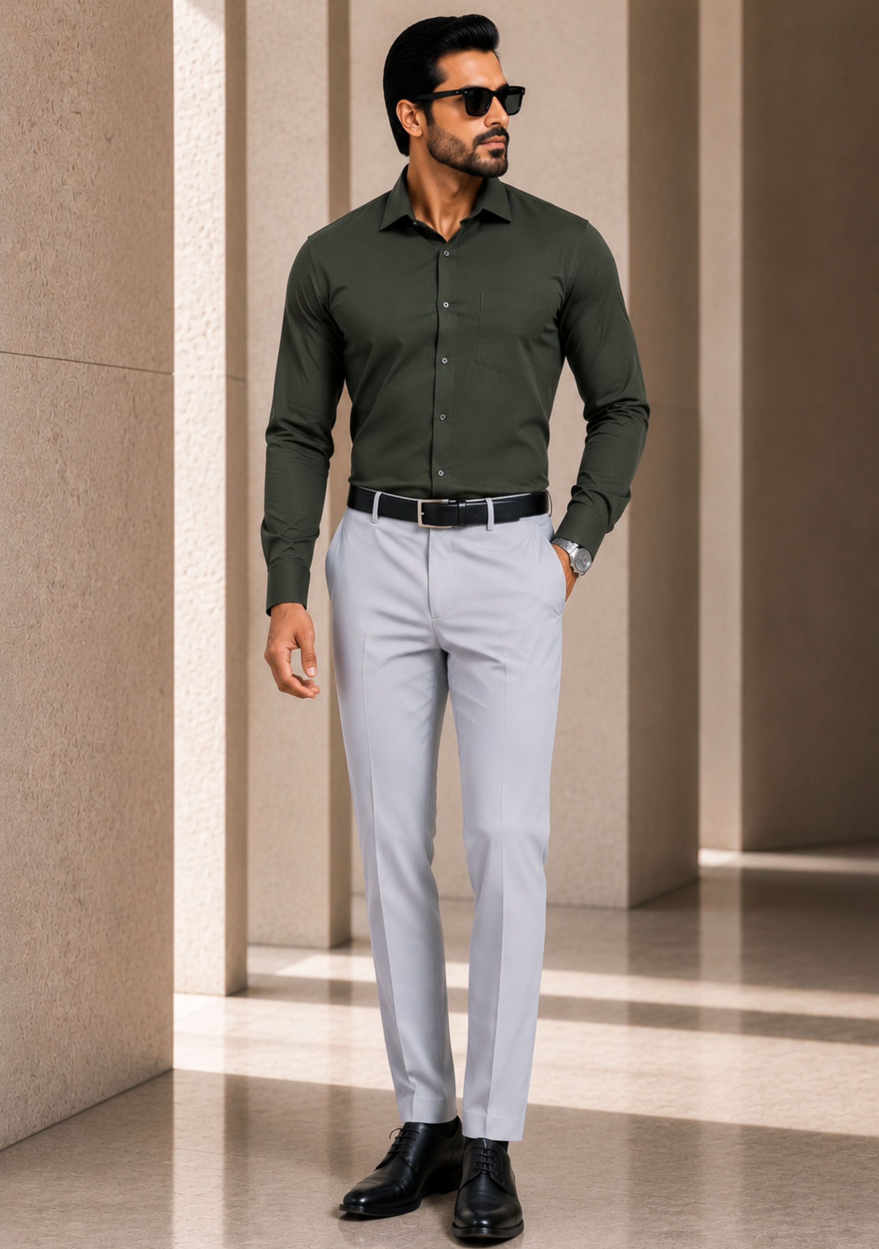 The Signature Combo – Olive Green Shirt + Light Grey Pant