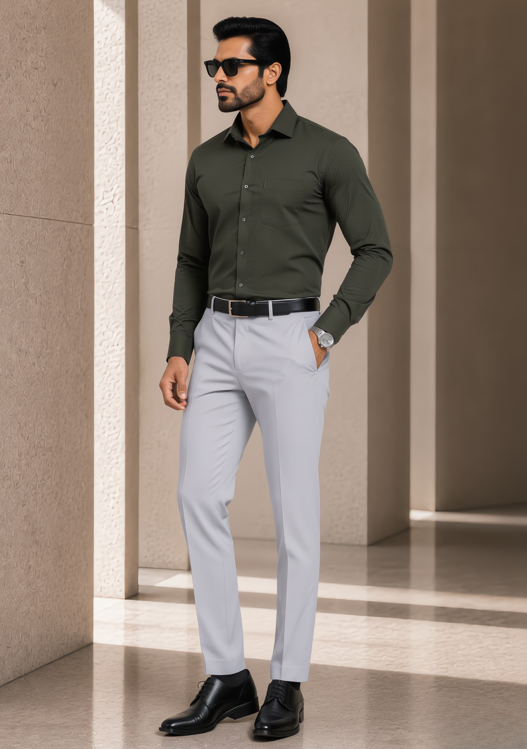 The Signature Combo – Olive Green Shirt + Light Grey Pant