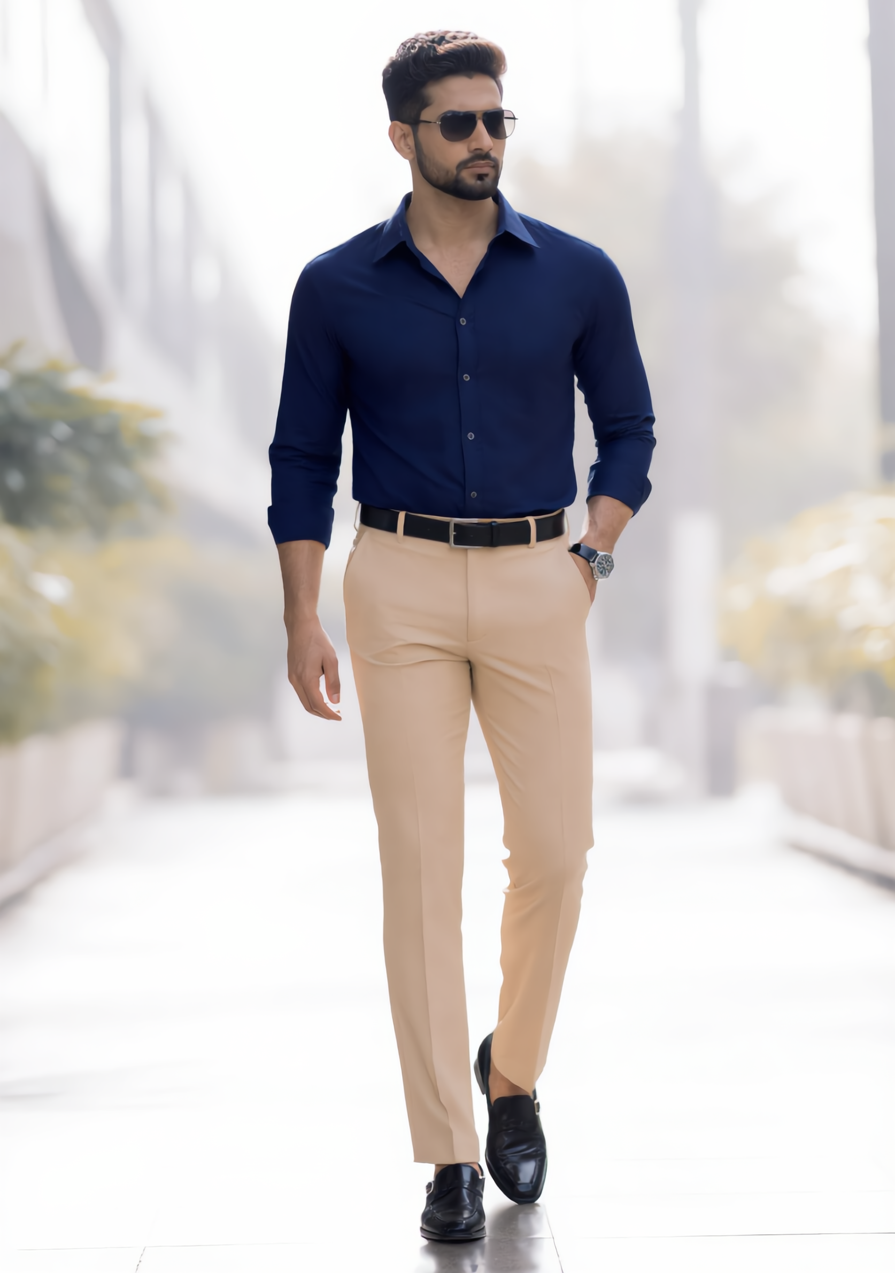 The Signature Combo – Blue Shirt + Beige Pant
