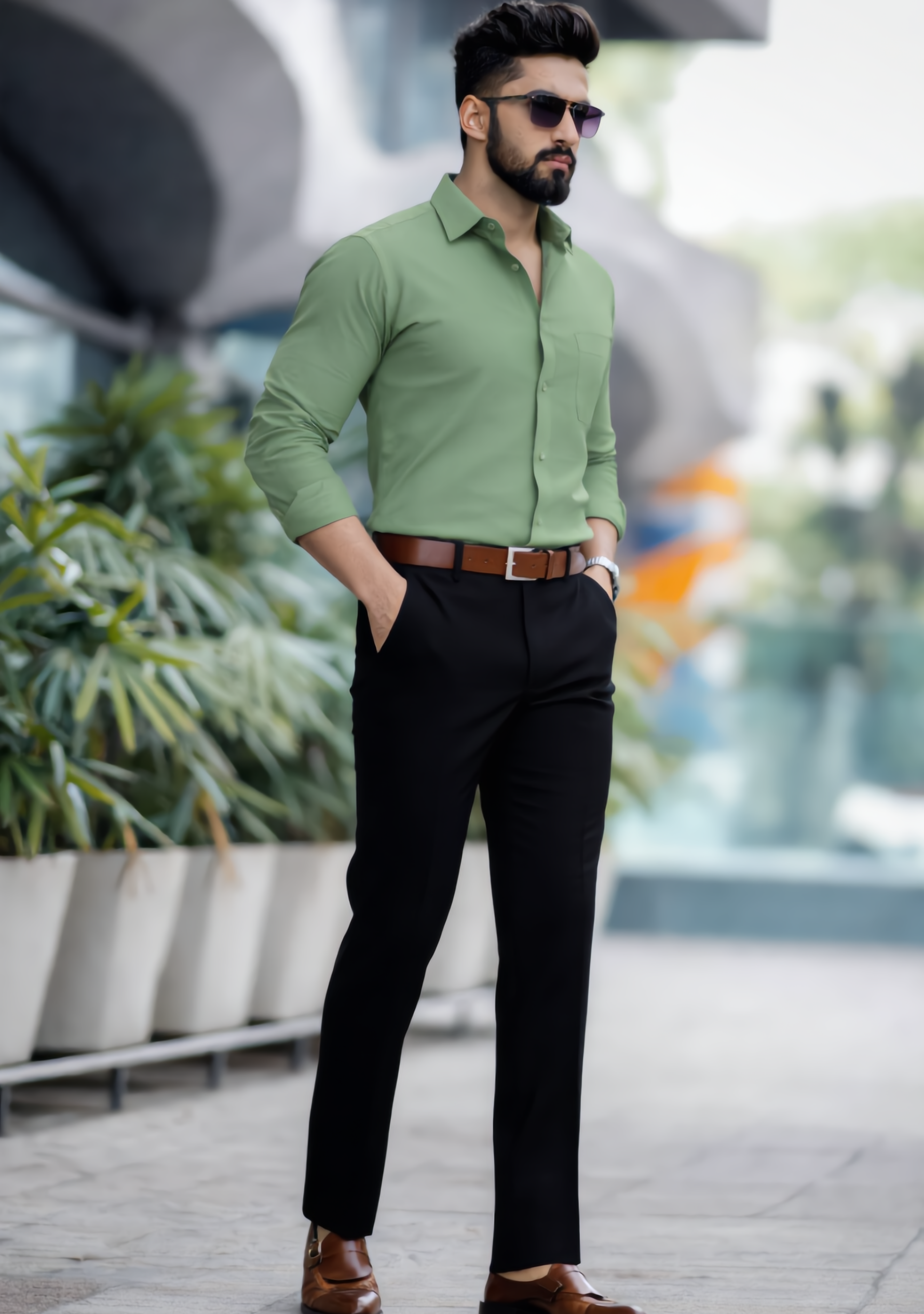 The Signature Combo – Green Shirt + Jet Black Pant