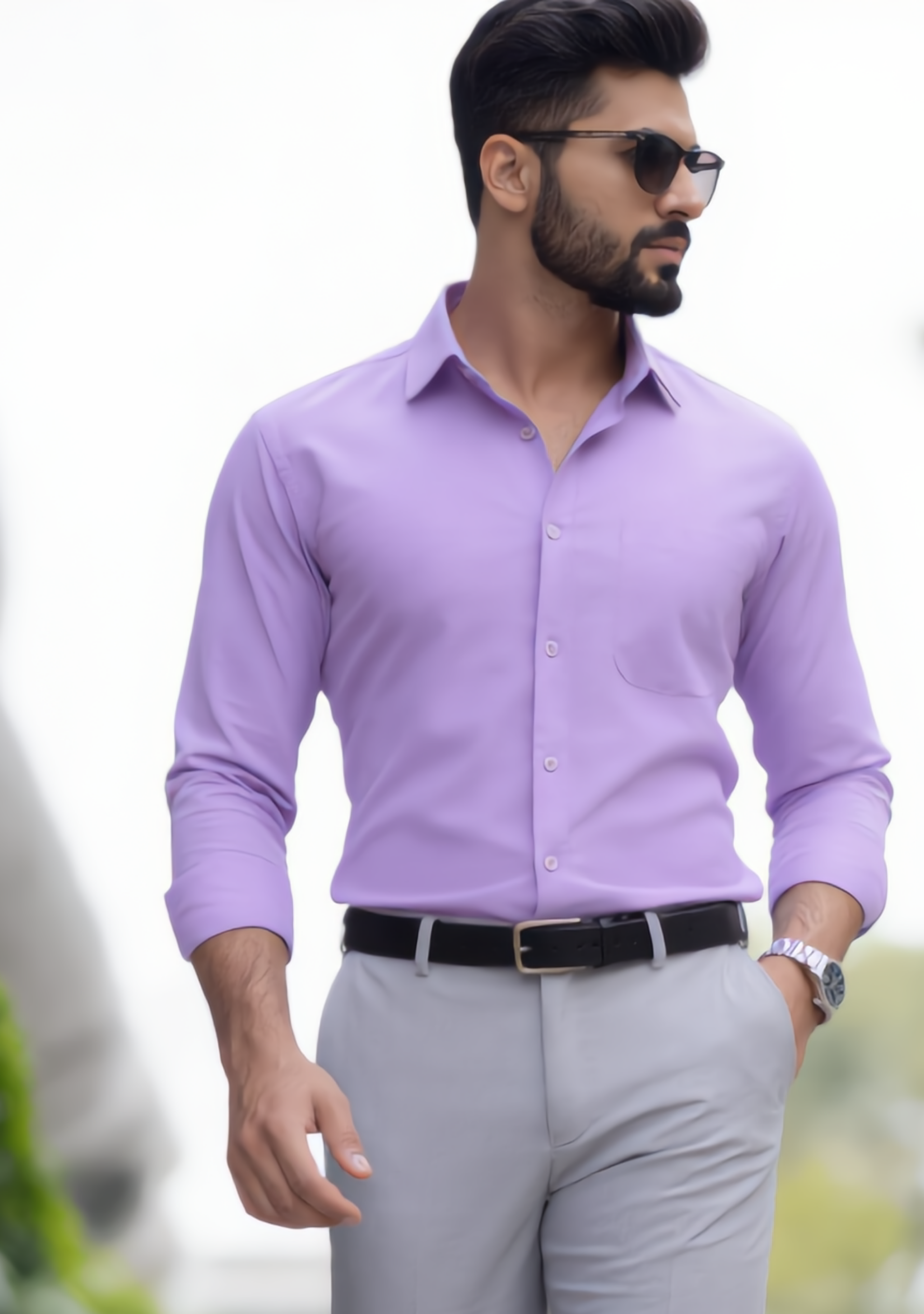 The Signature Combo – Purple Shirt + Light Grey Pant