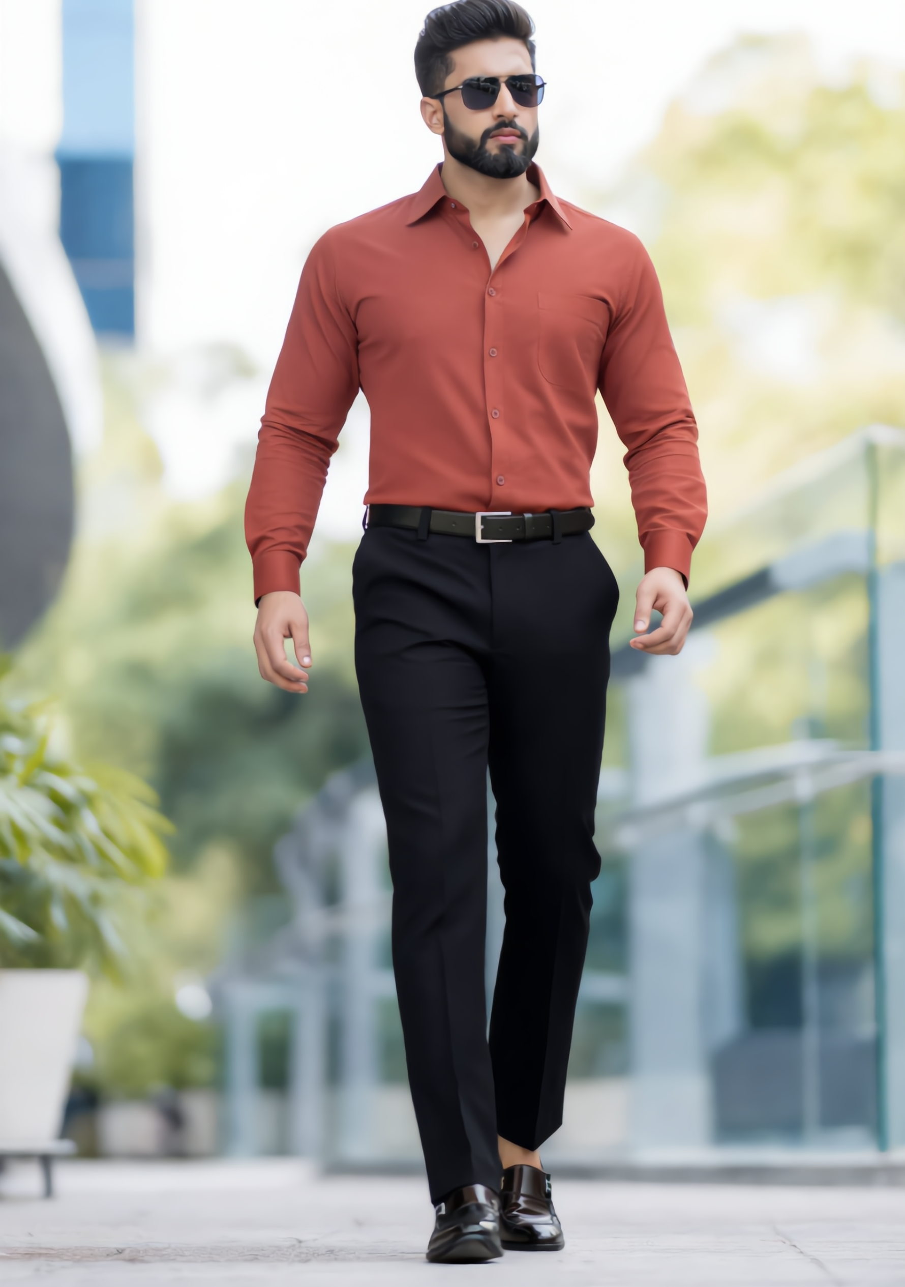 The Signature Combo – Rust Shirt + Black Pant