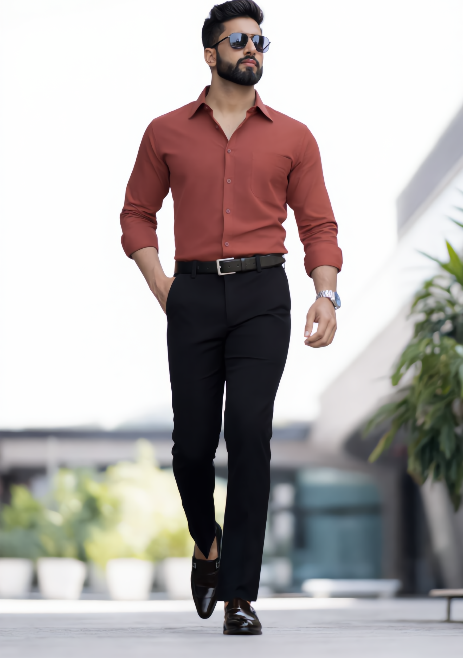 The Signature Combo – Rust Shirt + Black Pant