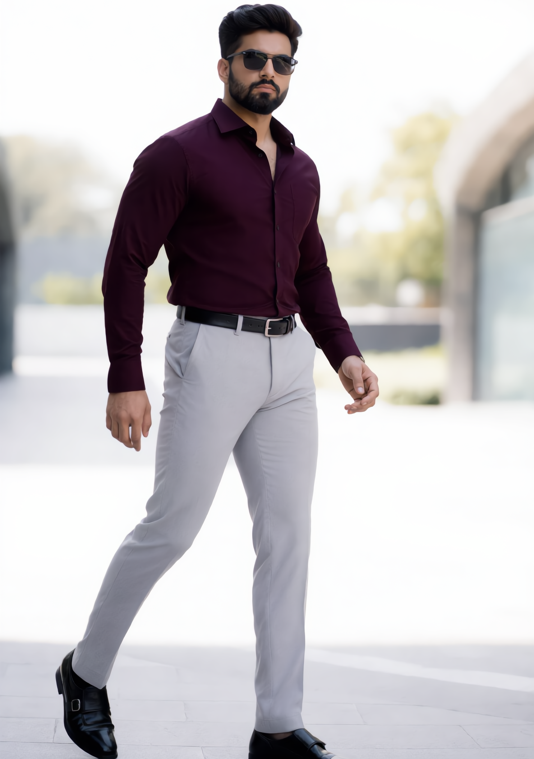 The Signature Combo – Wine Shirt + Light Grey Pant