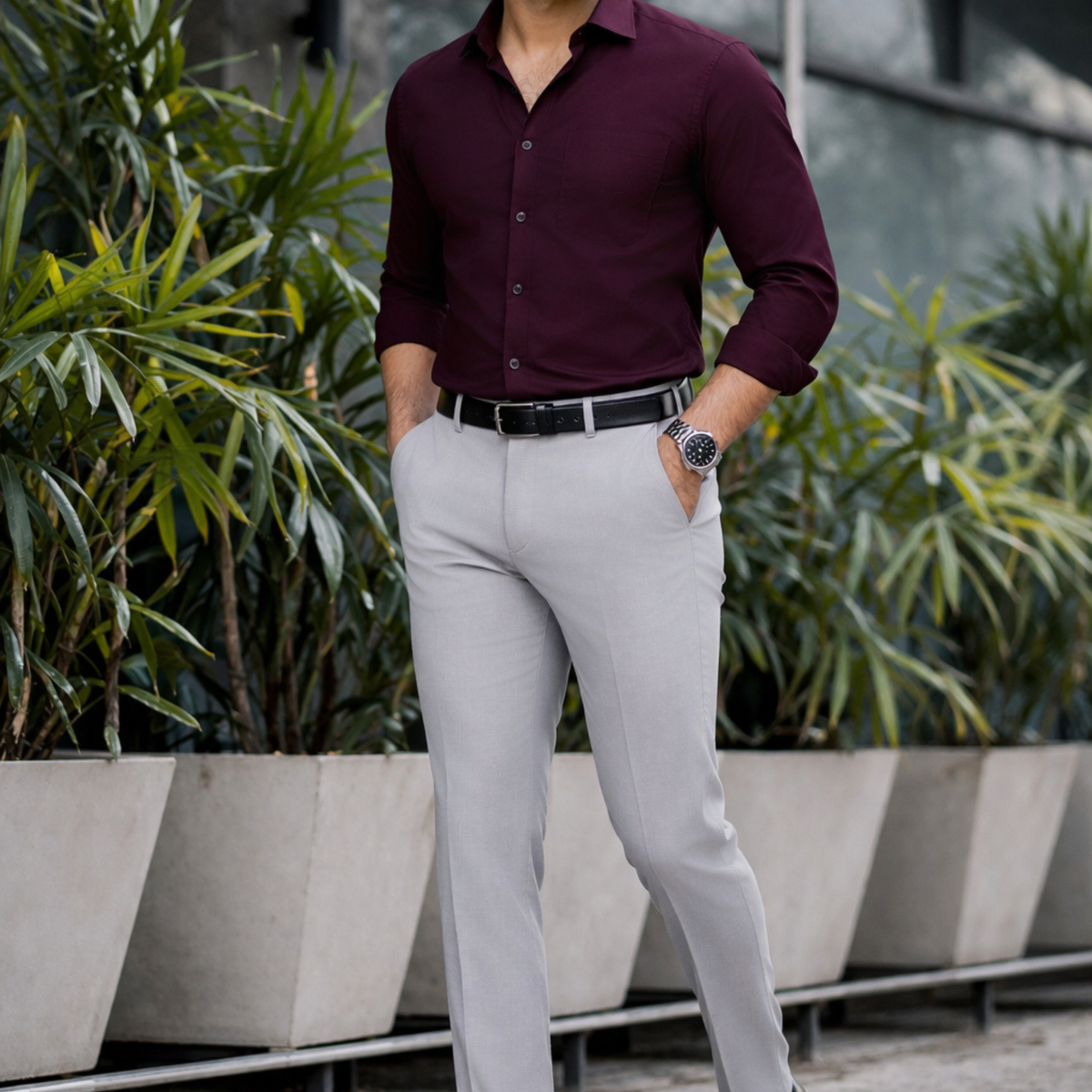grey dress pants with maroon shirt The Signature Combo – Wine + Light Pant color:Gold
