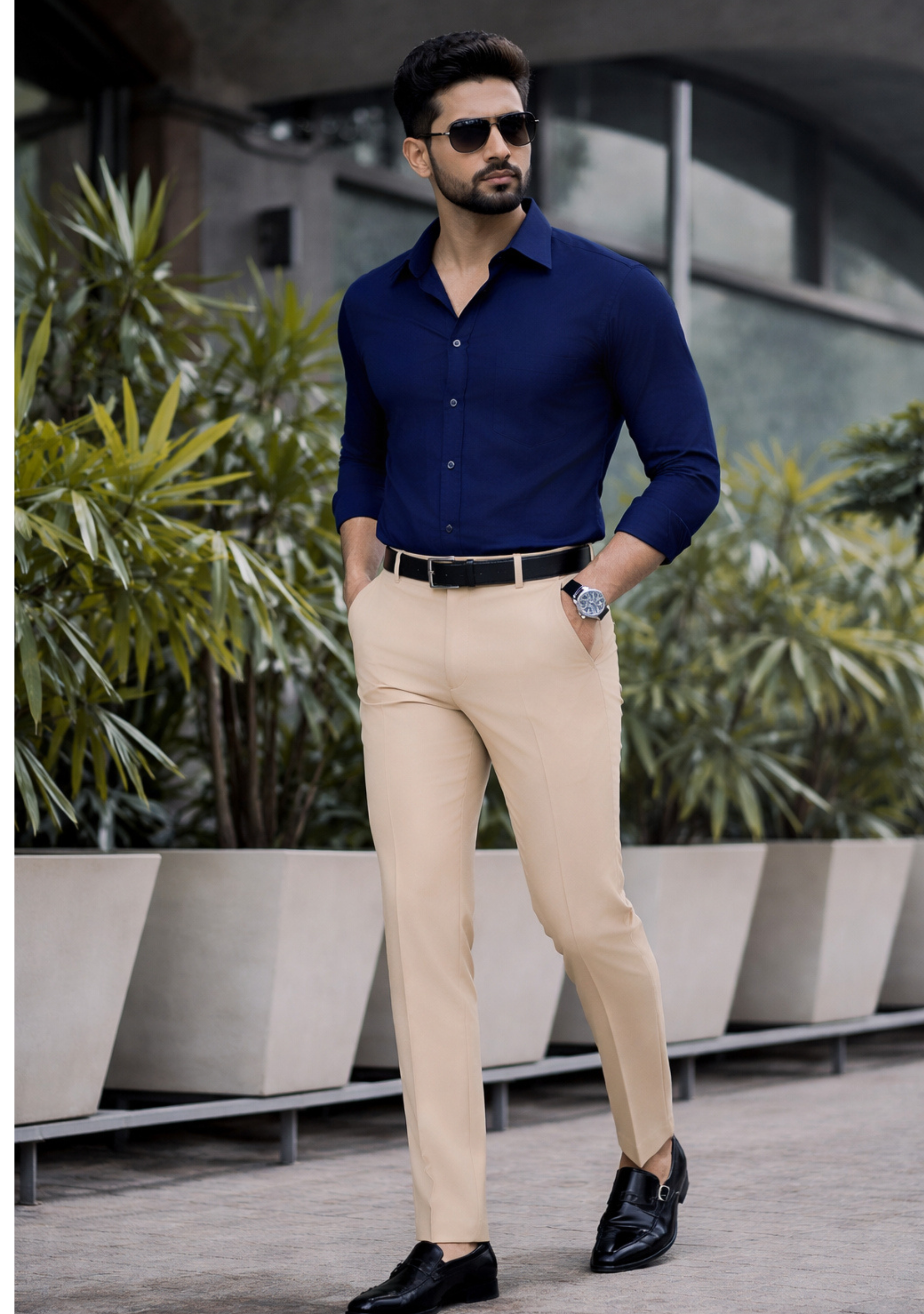 The Signature Combo – Blue Shirt + Beige Pant